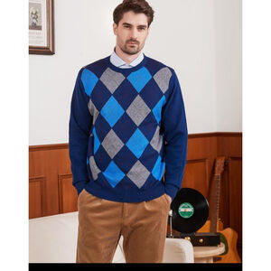 KALLSPIN Men's Argyle Crewneck Knit Pullover Sweater Wool Blend Long Sleeve 4Xl